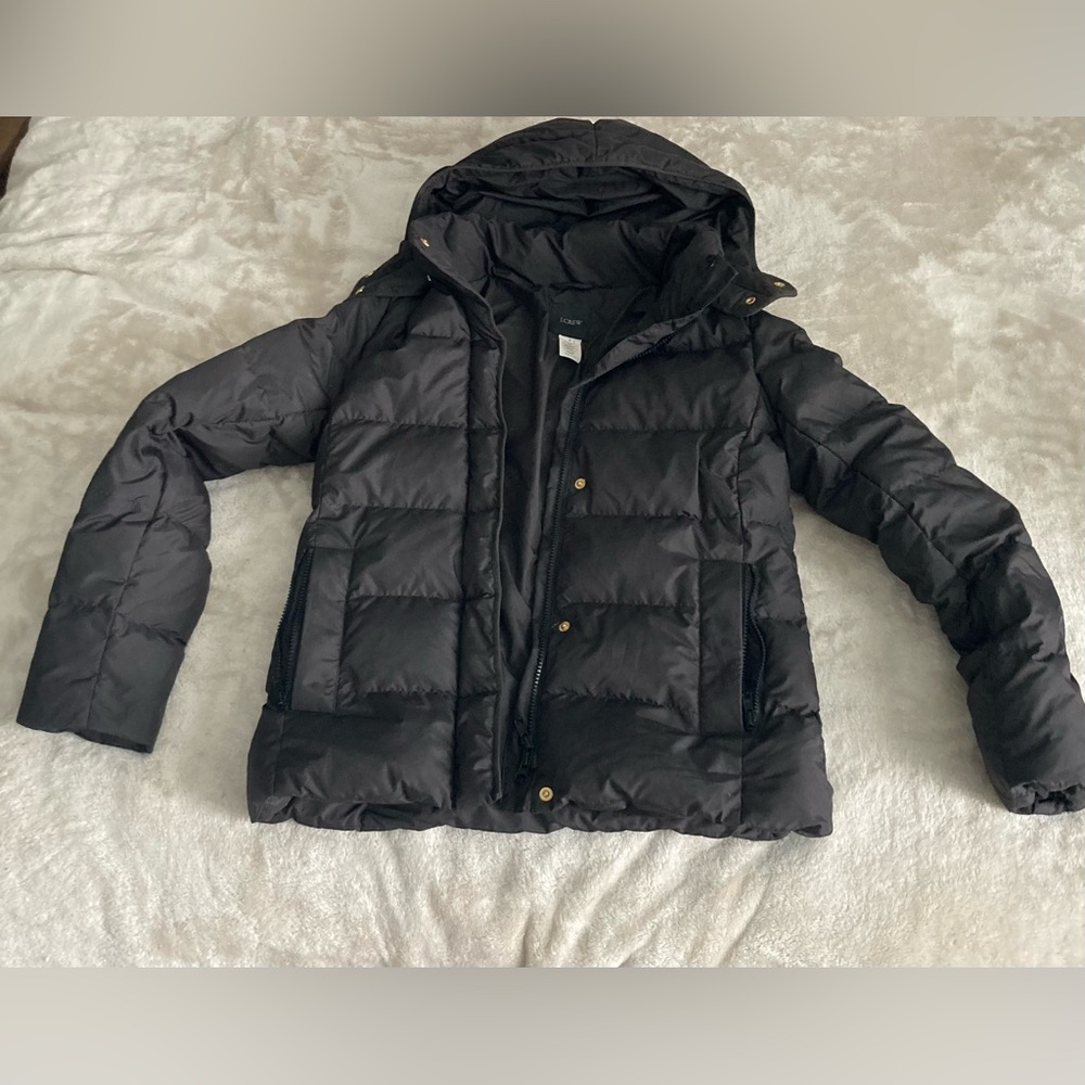 J.Crew Black Down Puffer Jacket Hooded Removable Hood Size S